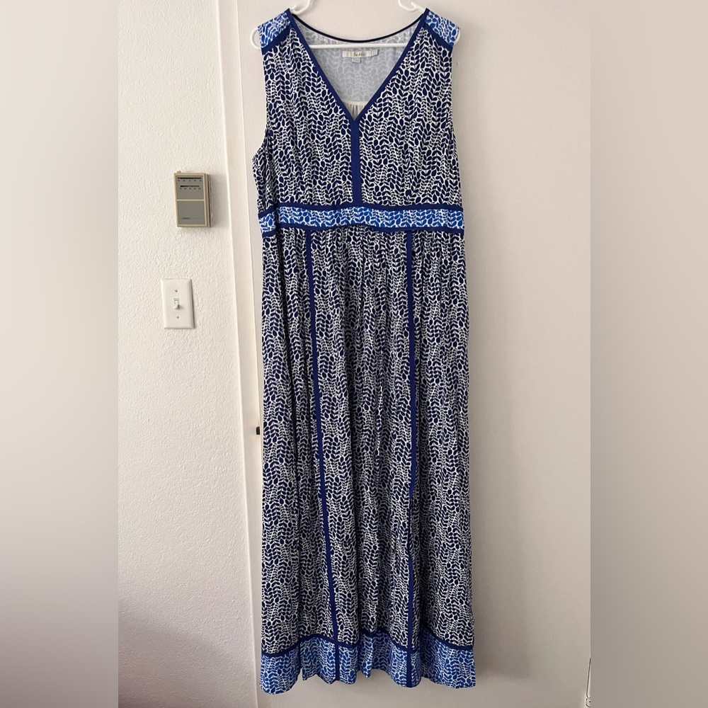 Boden Tiered Maxi Blue Leaf Pattern V-Neck Empire Dress 14